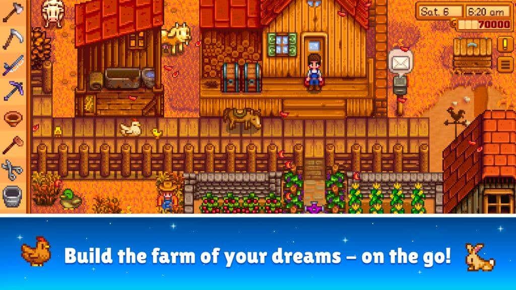 20-best-offline-mobile-games-for-android-11-compressed - Online Tech Tips A screenshot of the game Stardew Valley Pixel art characters and various animals are visible in front of farmhouse. - 20-best-offline-mobile-games-for-android-11-compressed