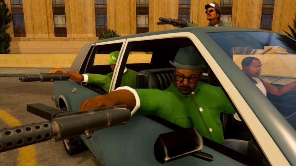 20-best-offline-mobile-games-for-android-6-compressed - Online Tech Tips A cutscene from GTA San Andreas Four black men are in a car, three pointing weapons at something off-screen. - 20-best-offline-mobile-games-for-android-6-compressed