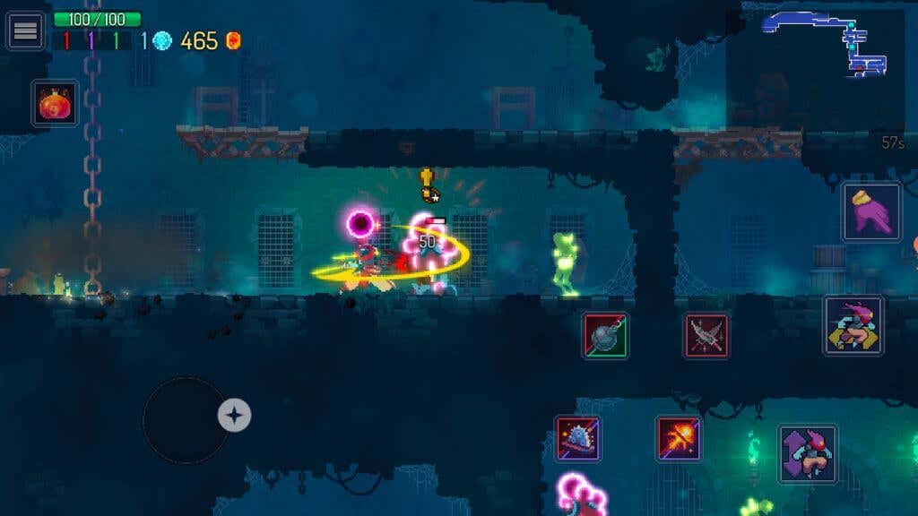 20-best-offline-mobile-games-for-android-9-compressed - Online Tech Tips A screenshot from the game Dead Cells showing the protagonist attacking an anime from a 2D side-scrolling perspective. - 20-best-offline-mobile-games-for-android-9-compressed