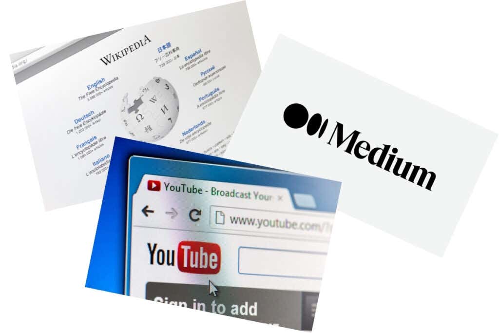 media-websites - Online Tech Tips image of Wikipedia, Medium logo and Youtube - media-websites